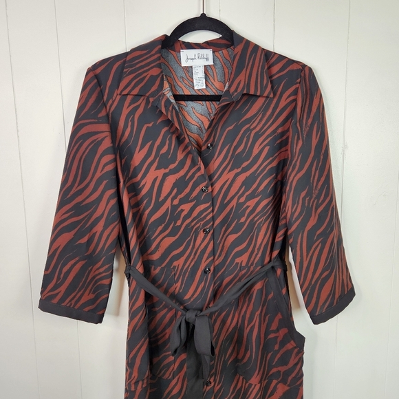 Joseph Ribkoff Brown Animal Print Midi Dress Long Sleeve Pockets Duster Size 4 - Picture 8 of 14